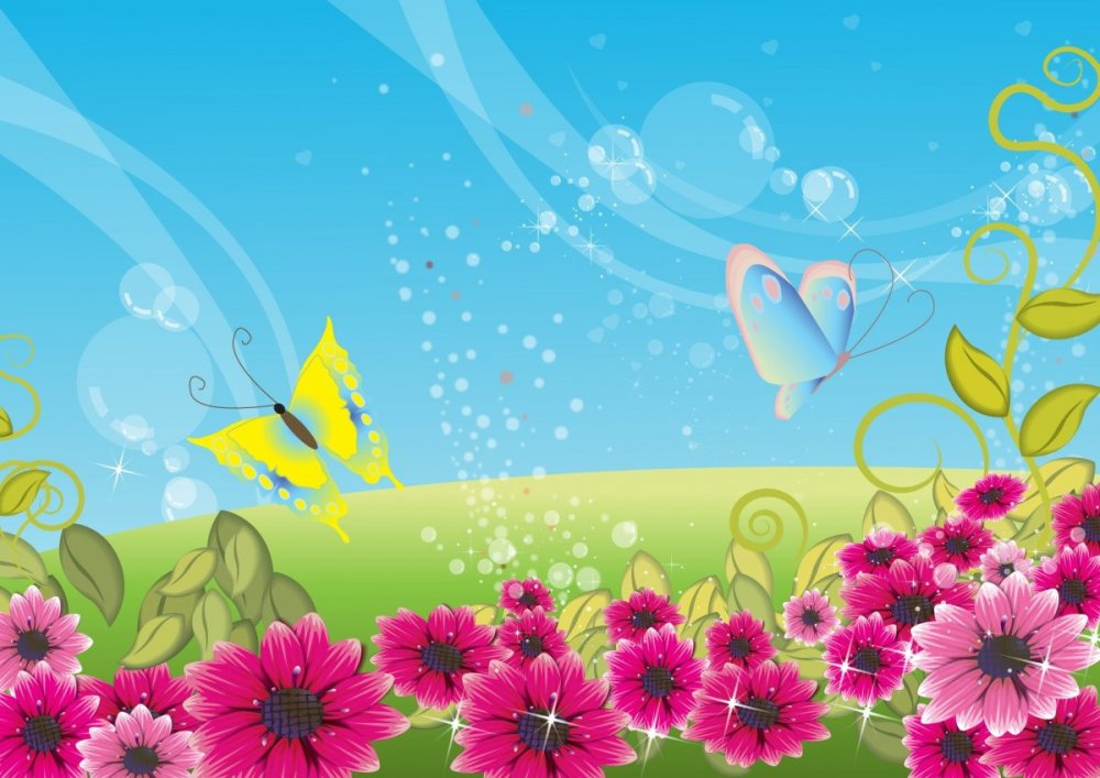 Красивый луг с цветами и бабочками