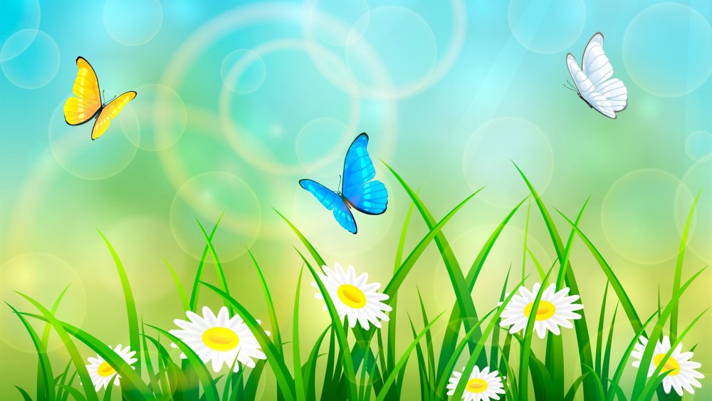 Летняя лужайка с радугой и цветами