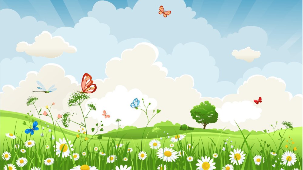 Полянка с цветами и бабочками небо