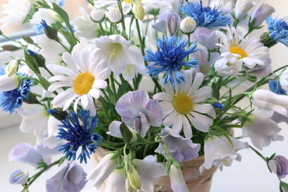 Ромашки и васильки букет