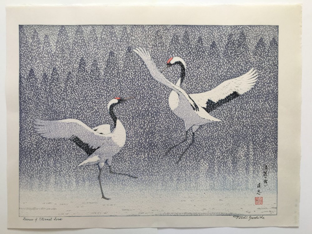 Японский журавль гравюра живопись