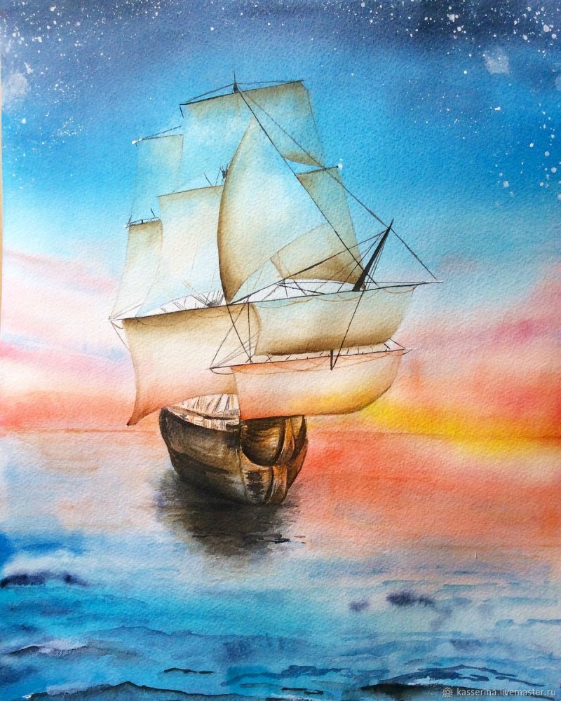 Парусный корабль акварель