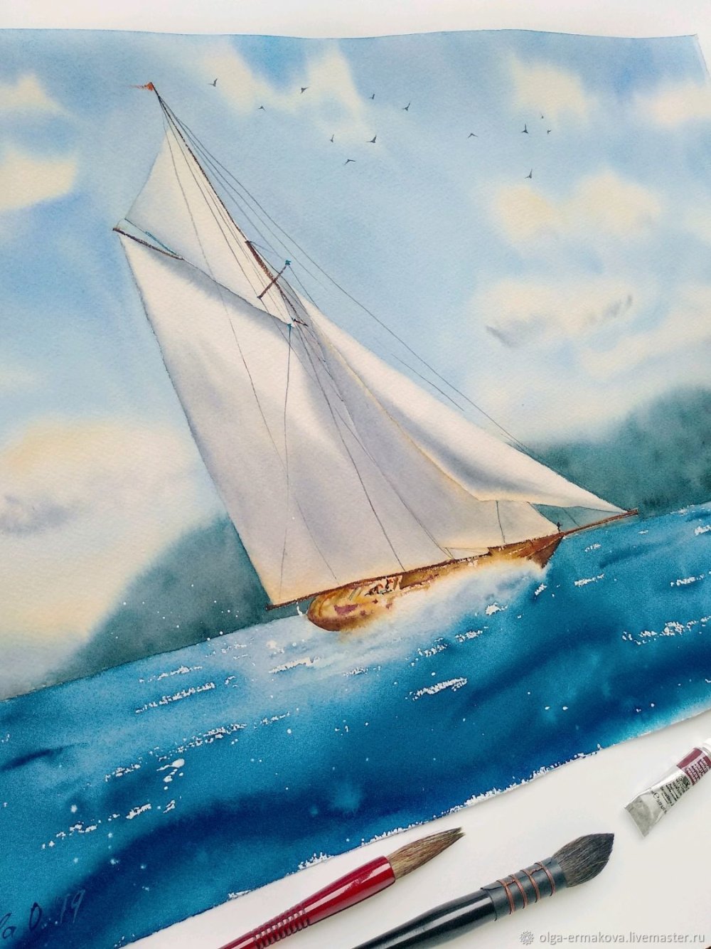 Акварель море парусник яхта