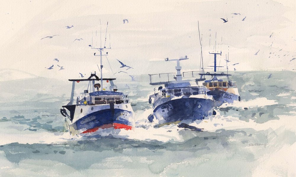 Военный корабль акварелью