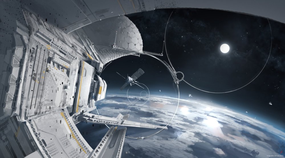 Космическая станция будущего на фоне земли