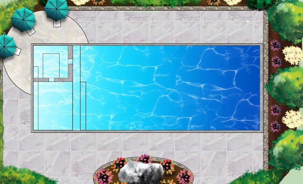 Бассейн прямоугольный а сзади фонтан