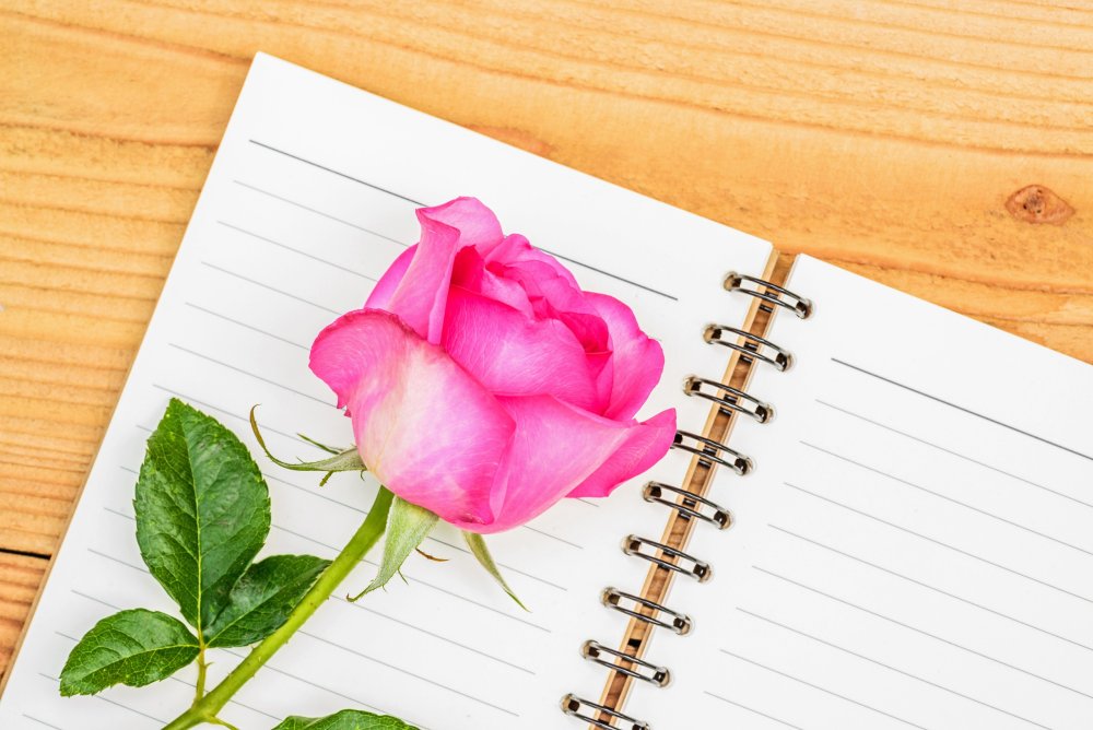 Блокнот на фоне цветов