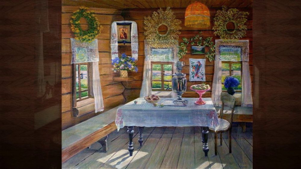 Окно в избе со шторами