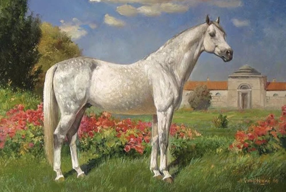 Пегий Орловский рысак