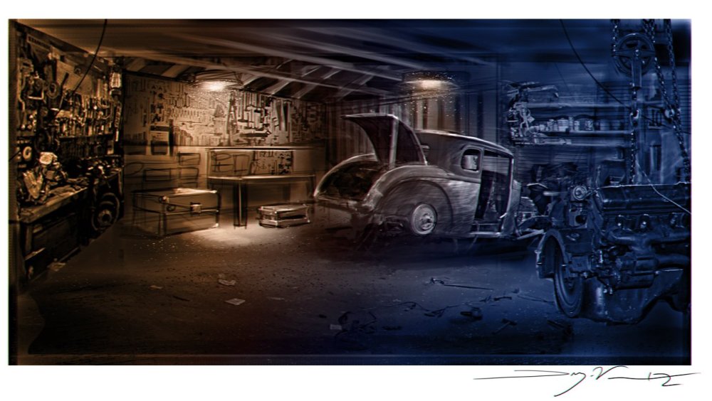 Машина в гараже арт