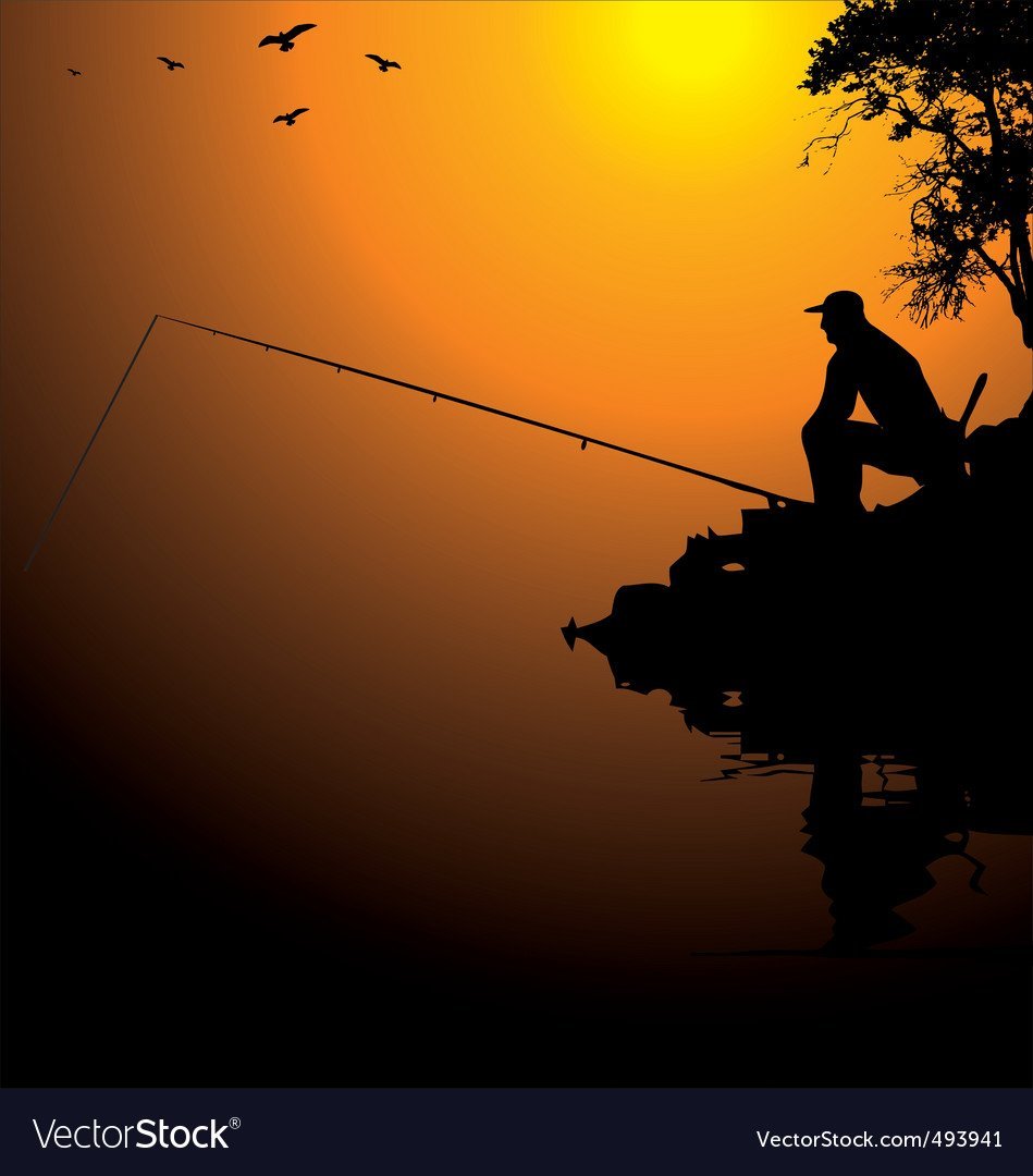 Рыбак на берегу в закате