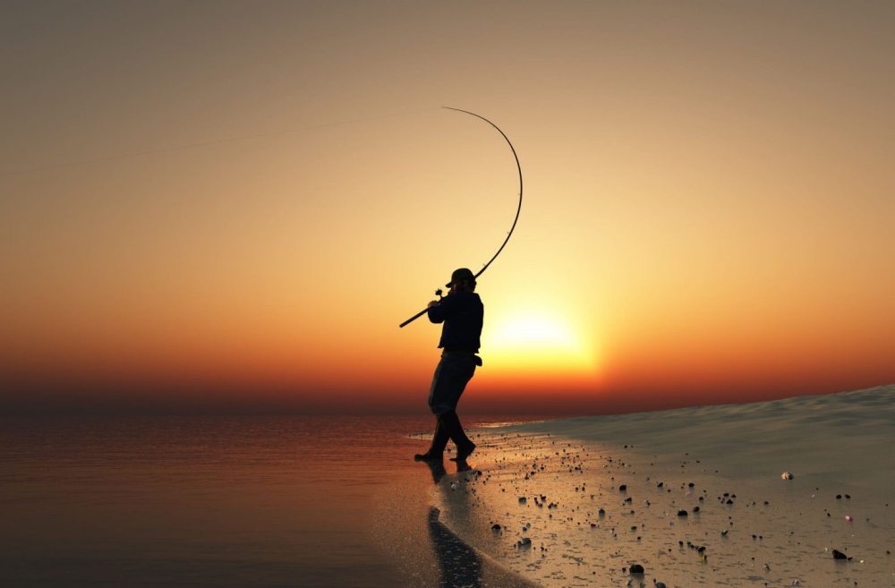 Силуэты рыбаков на закате