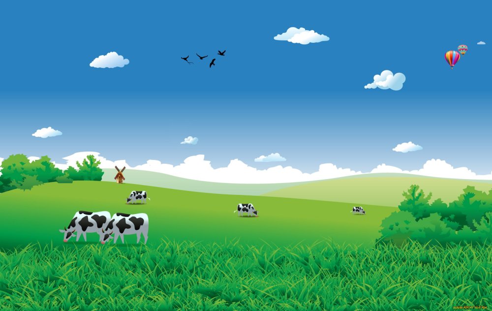 Зеленый луг с коровами вектор