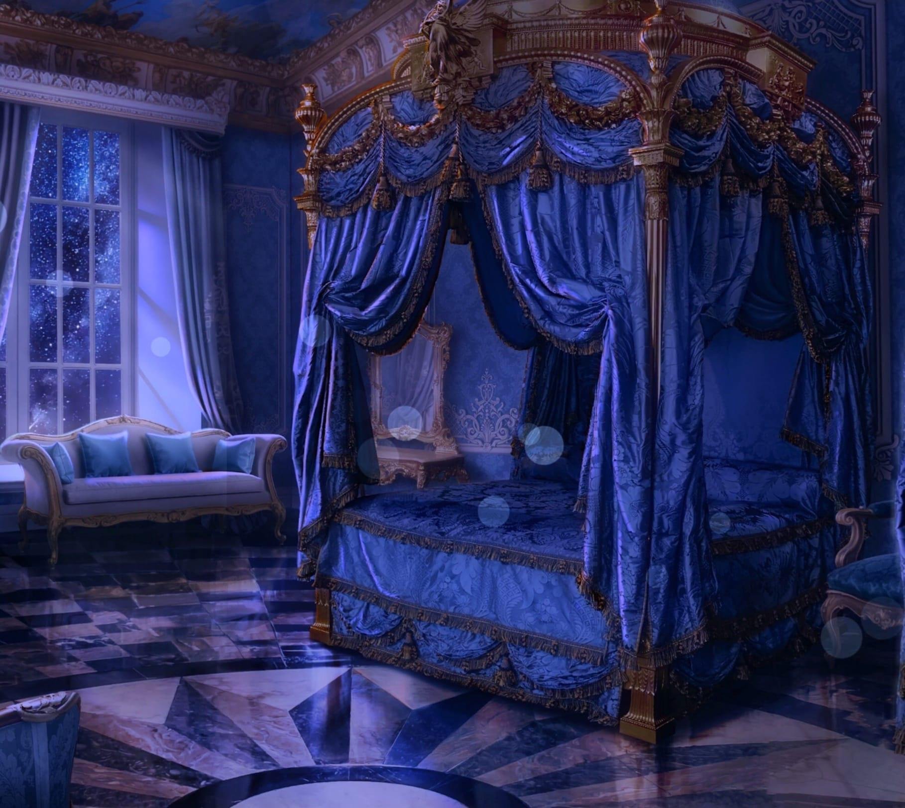 Царская ночь. Спальня фэнтези арт. Тайная спальня принцессы-изгнанницы. Королевская спальня. Спальня в замке.