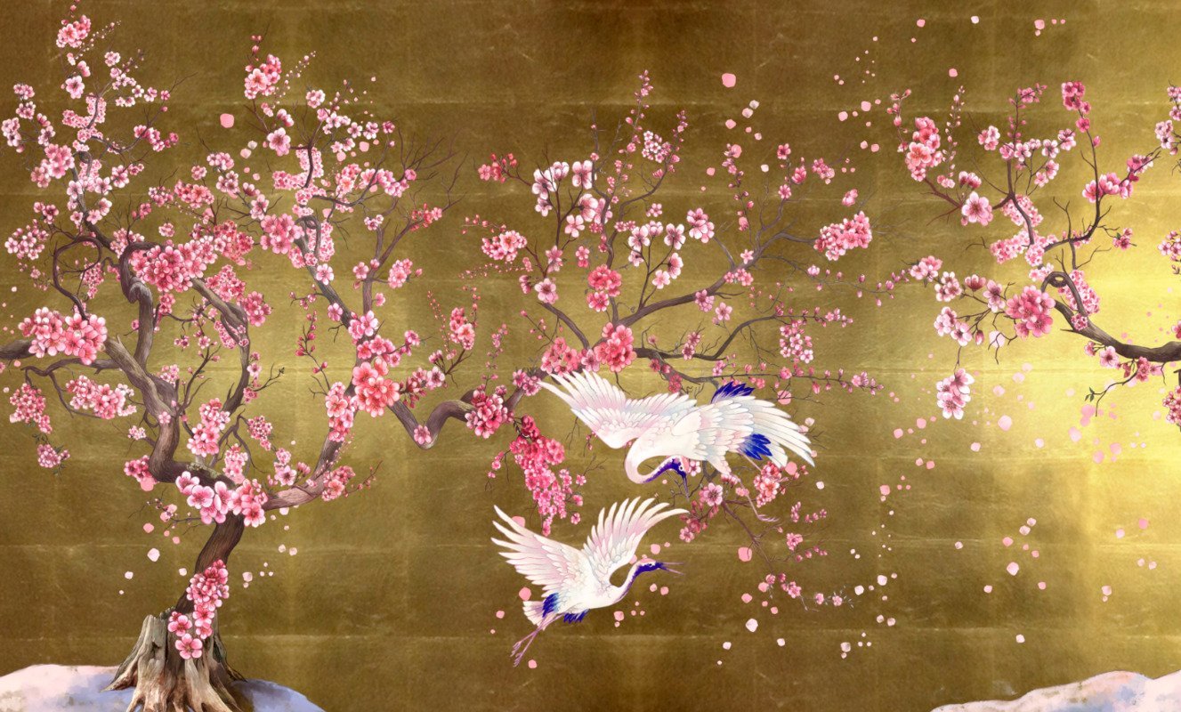 Стиль сакура. Китайская живопись Шинуазри. Японская живопись Сакура Журавли. Китайская живопись Хуа Няо. Чжэнь-Няо птица.
