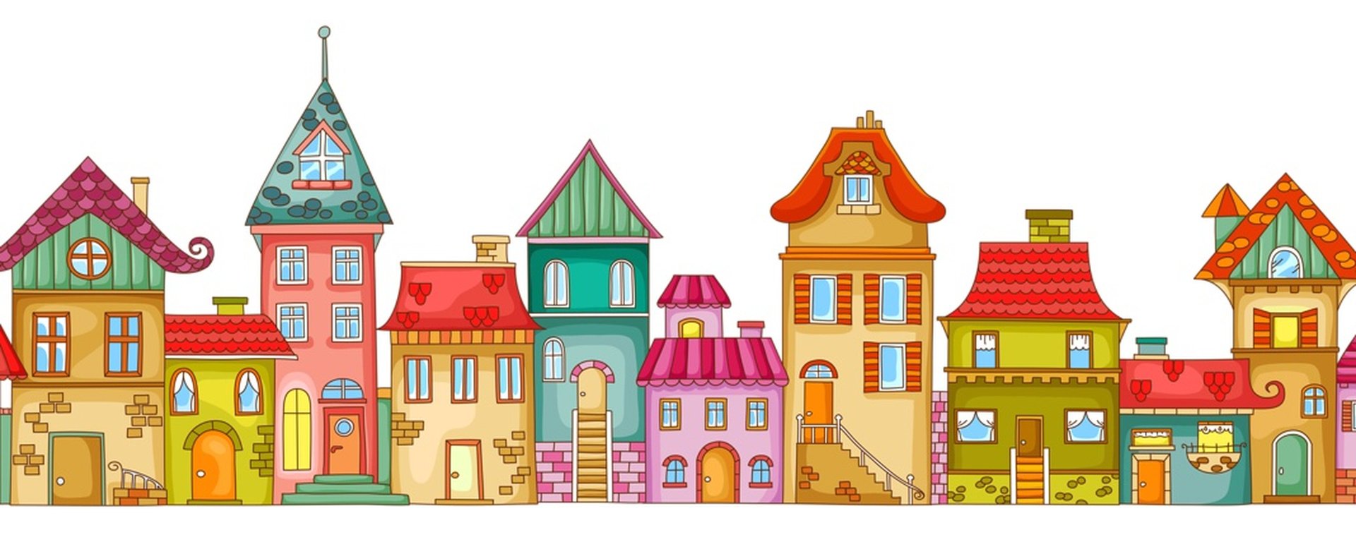 Дома в ряд рисунок. Мультяшный городок. Домик рисунок. Сказочный многоэтажный дом. Разноцветные домики.