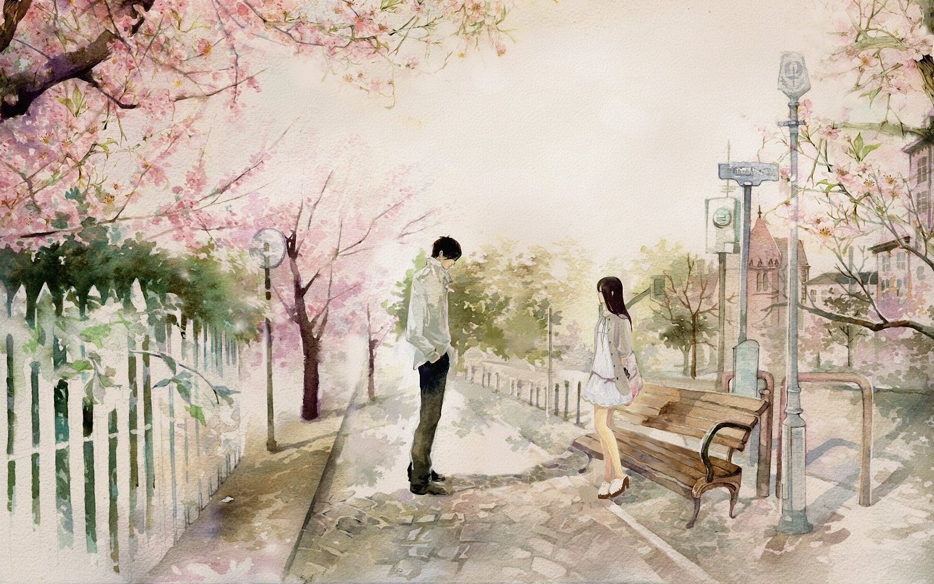 Мужчина и женщина корейский. Романтические рисунки. Романтический пейзаж. Романтичные картины. Прогулка в парке арт.