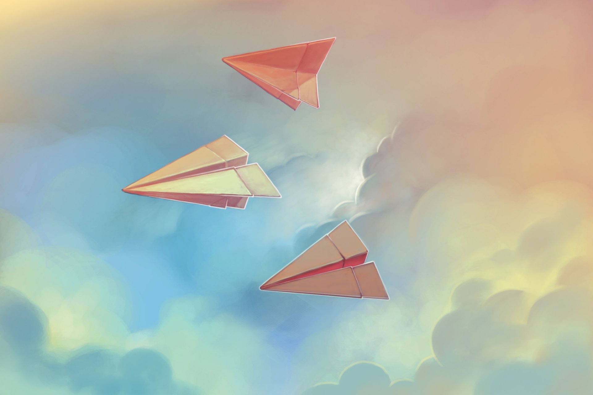 Обои на рабочий стол 23. Бумажный самолетик. Бумажный самолетик в небе. Разноцветные бумажные самолетики. Бумажный самолет арт.