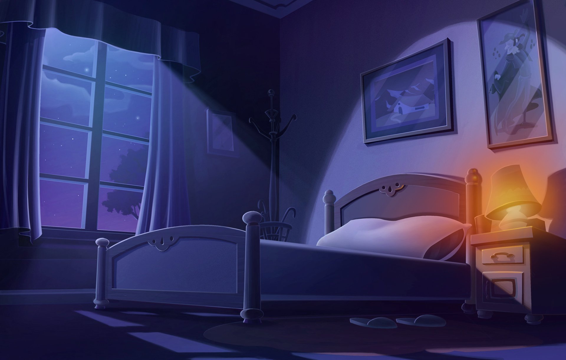Спальная комната ночью аниме