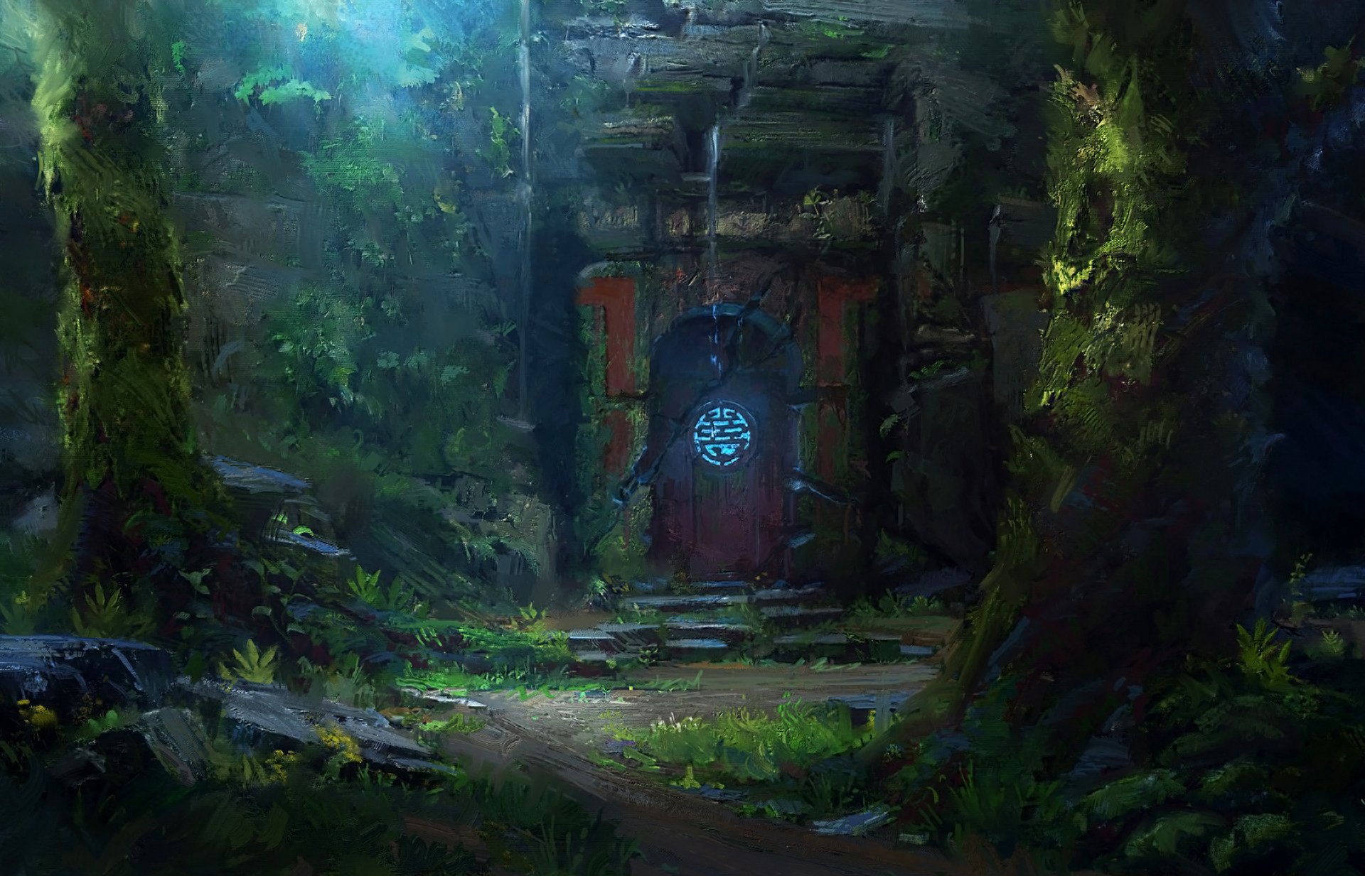 Загадочный фрагмент. Дверь в лесу. Фэнтези лес. Дверь в пещеру. Магический пейзаж.