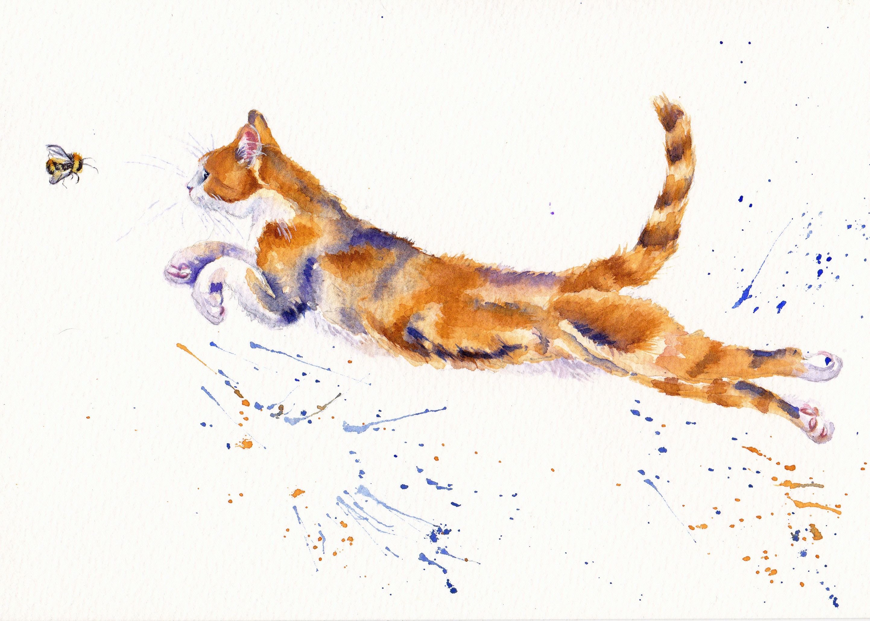 Кошка рисунок акварелью