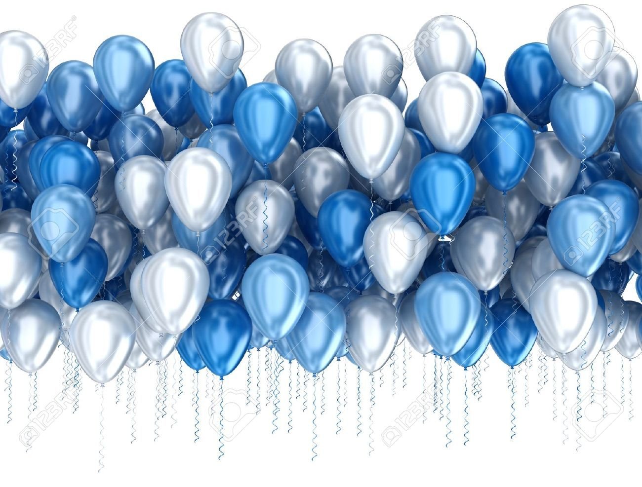 Воздушные шары голубые и серебряные на белом фоне