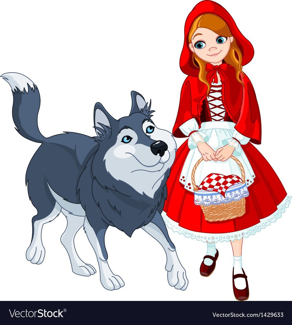 Красная шапочка и серый волк на белом фоне