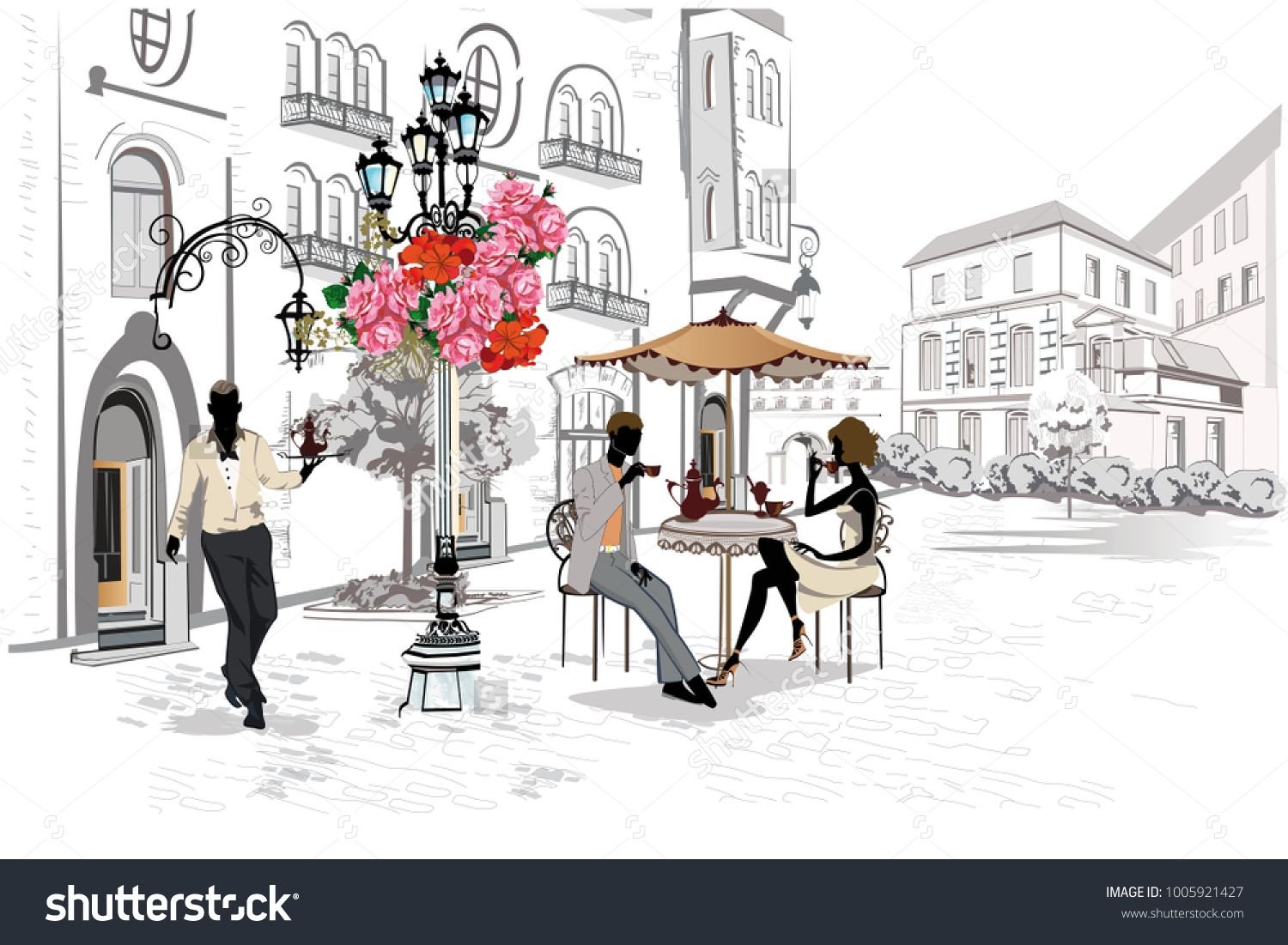 Уличные кафе - Стоковая иллюстрация