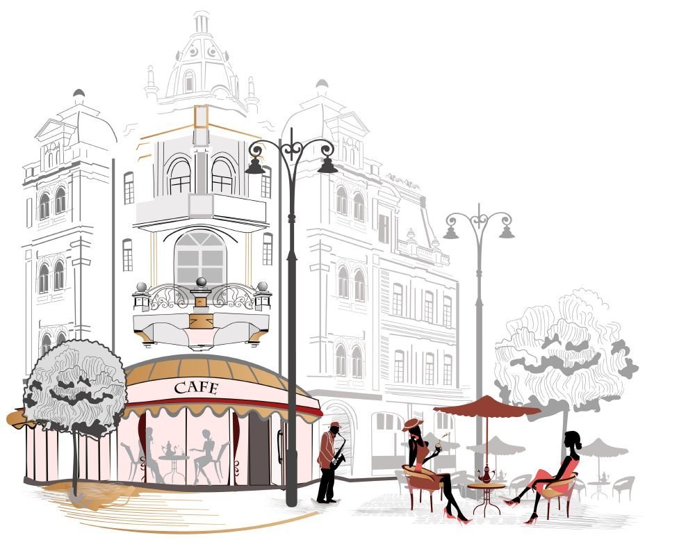 Векторная иллюстрация городе кафе на улице