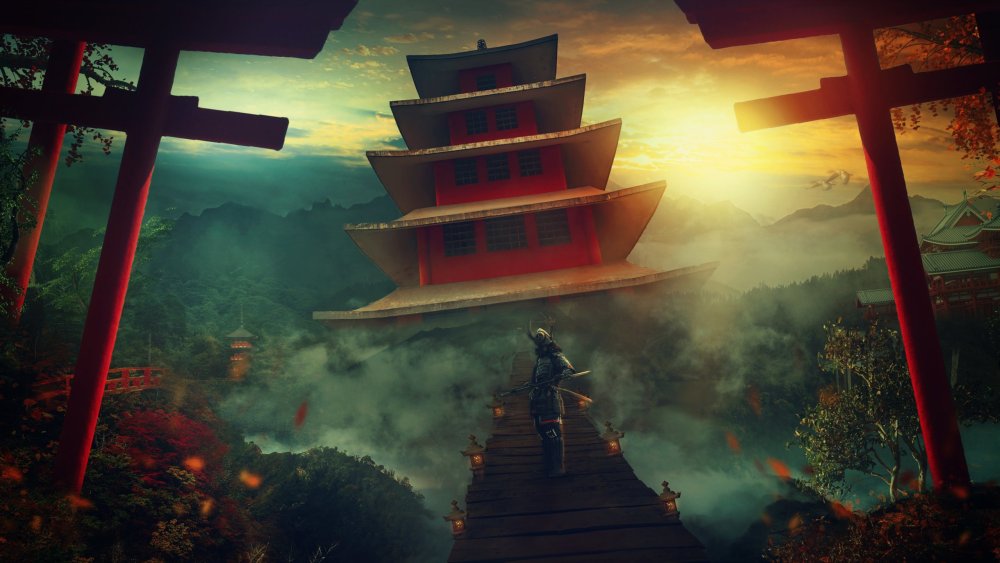 Японский пейзаж с самураем