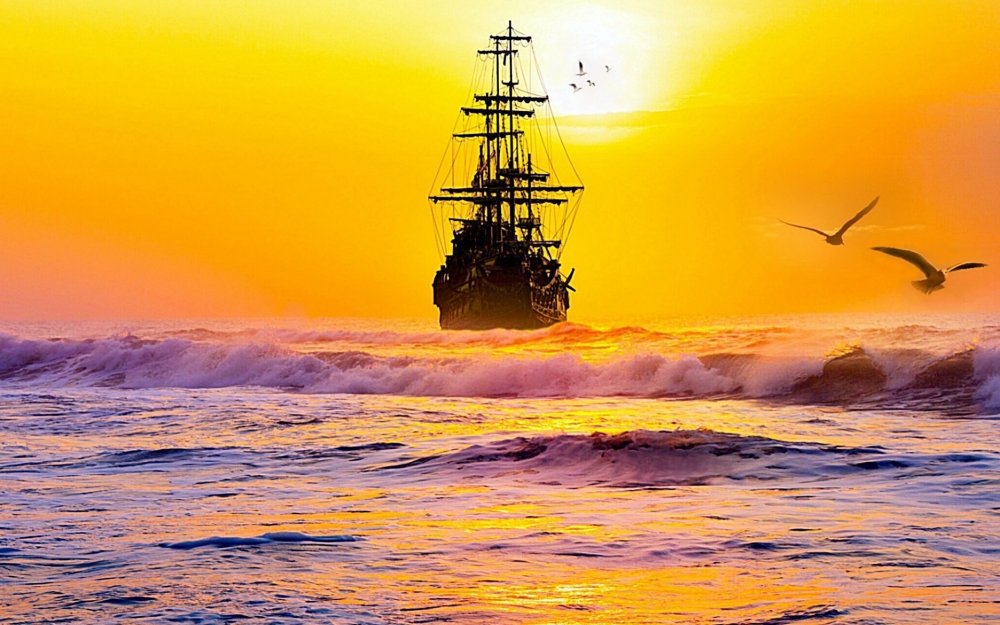Море закат корабль