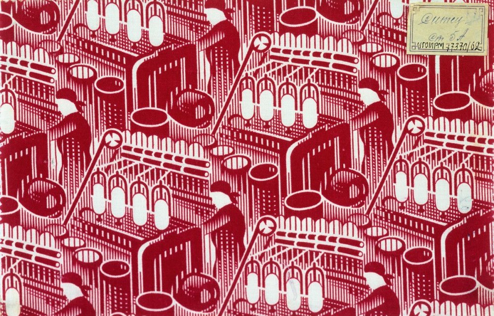 Ситец "красная прядильщица" (худ. А.Г.Голубев, 1930 г.),