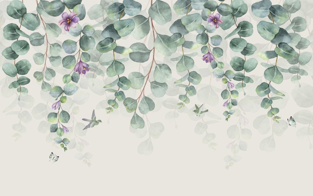 Эвкалипт и цветы акварель