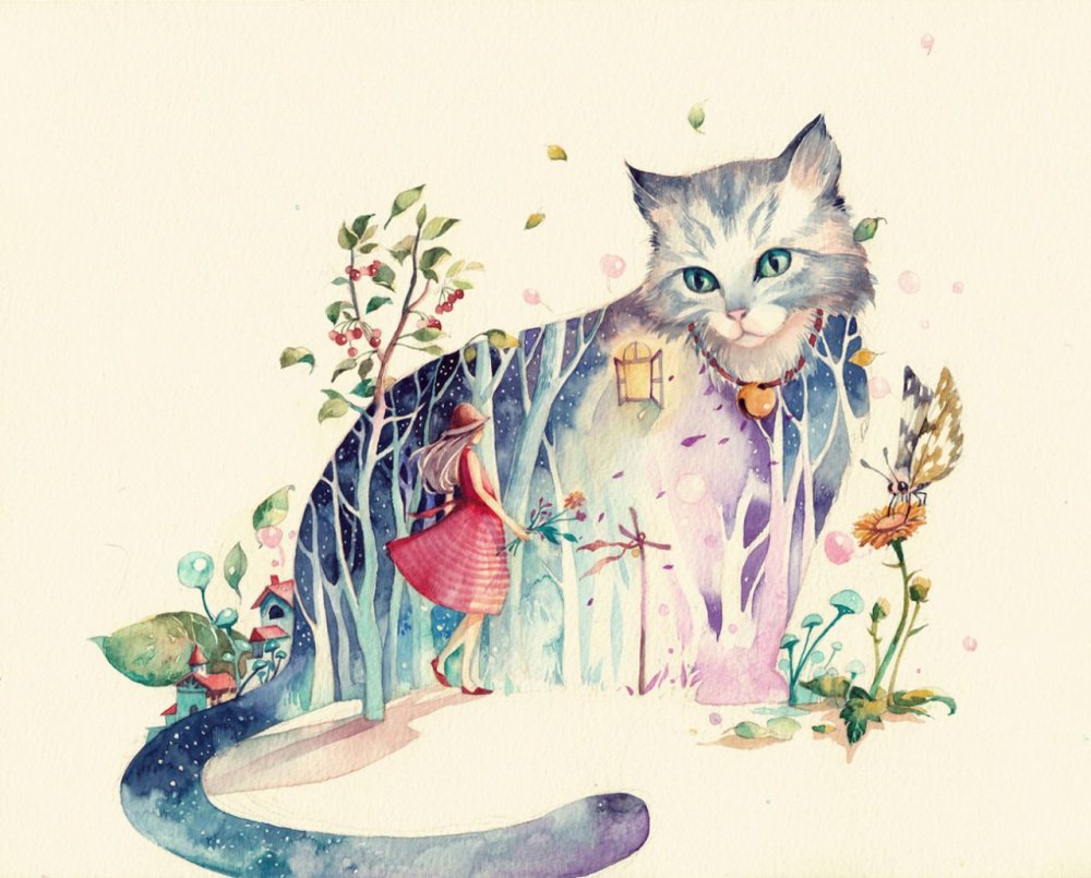 Кот с цветами акварель