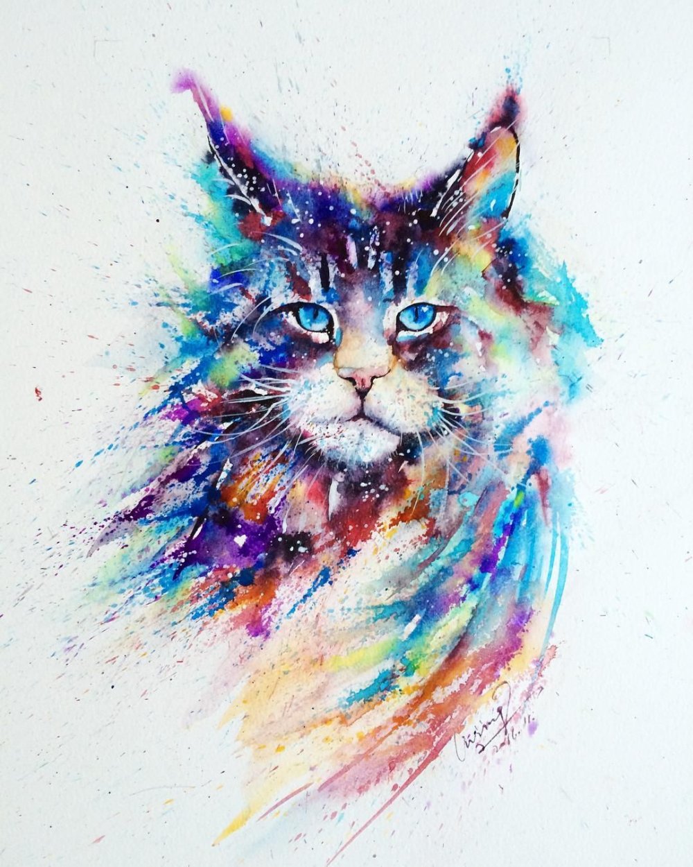 Кошка акварелью