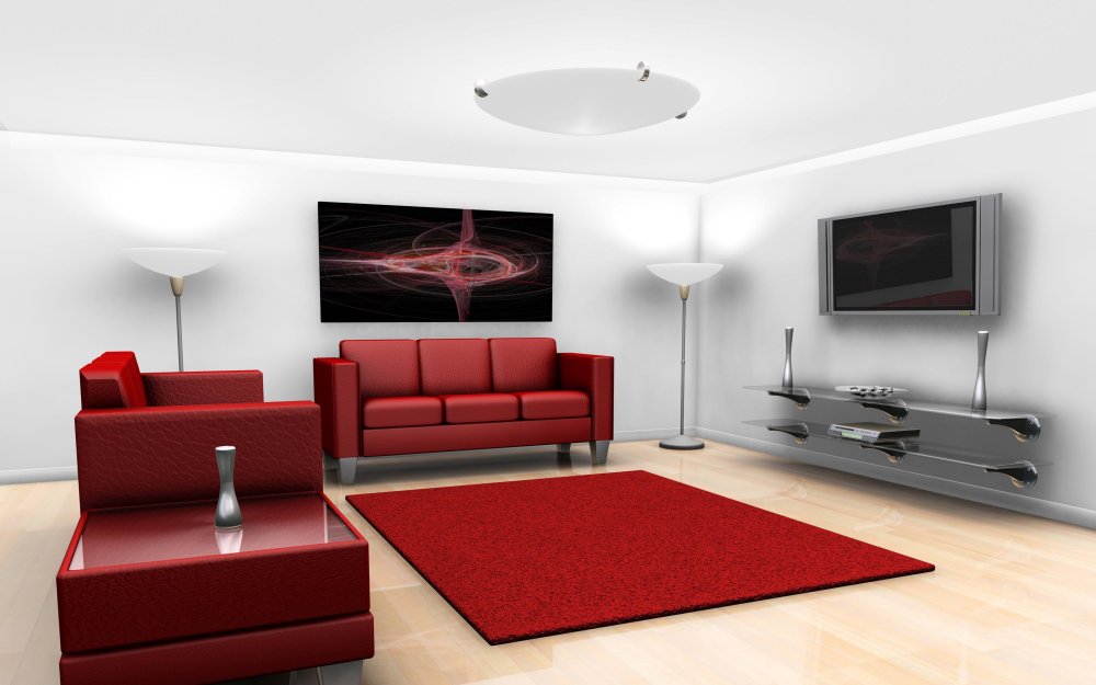 Красная мебель в интерьере гостиной