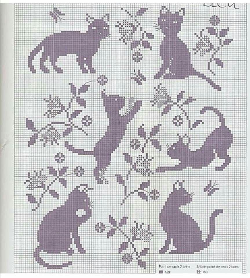 Монохромная вышивка схемы кошки