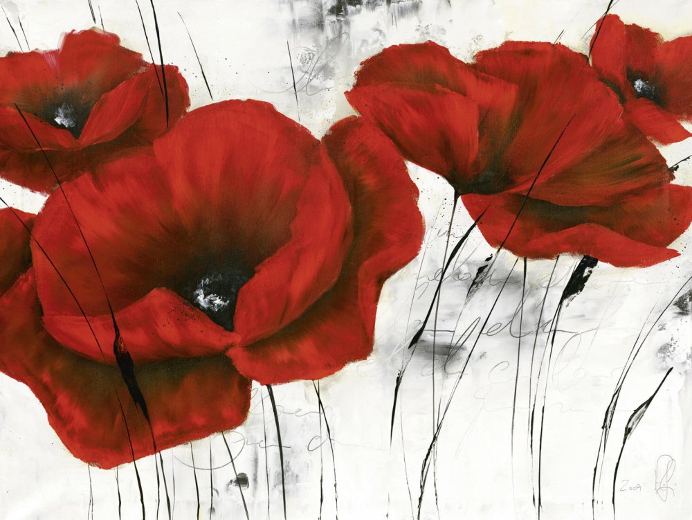 Картина с маками на сером фоне