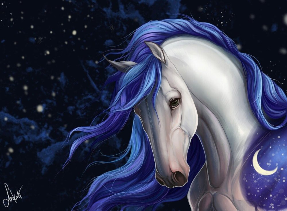 Белый Единорог с синими волосами