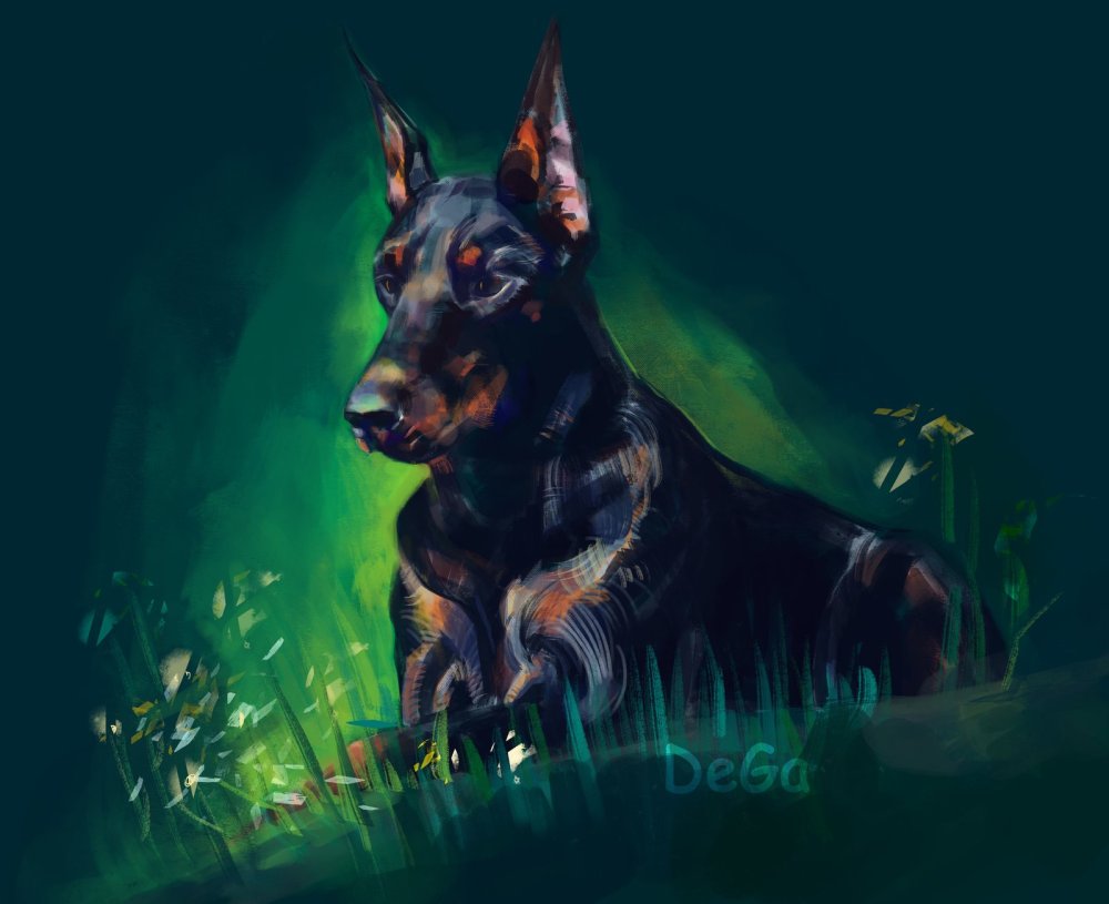 Доберман на Красном фоне