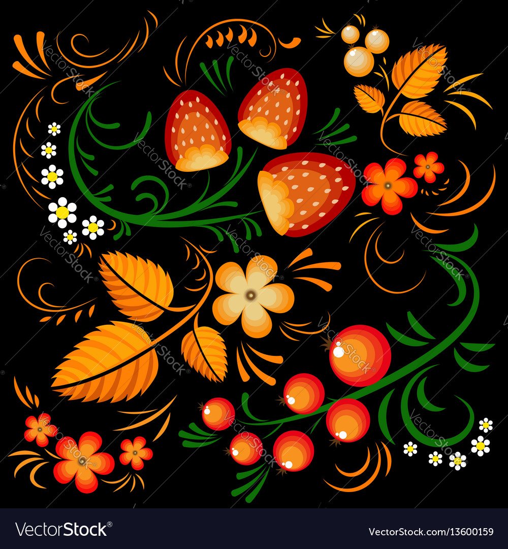 Хохлома ягоды на черном фоне