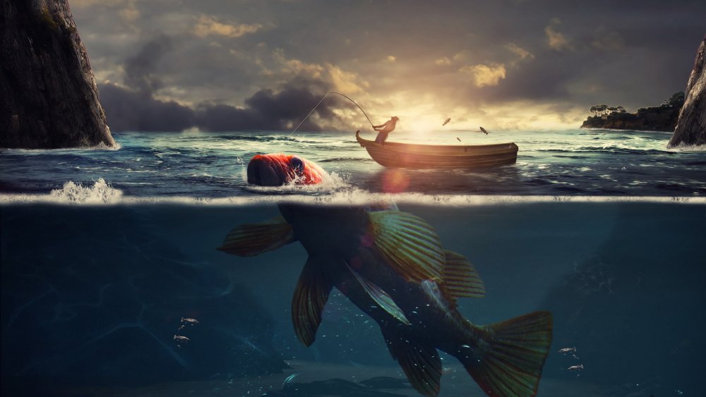 Рыба плывет на лодке