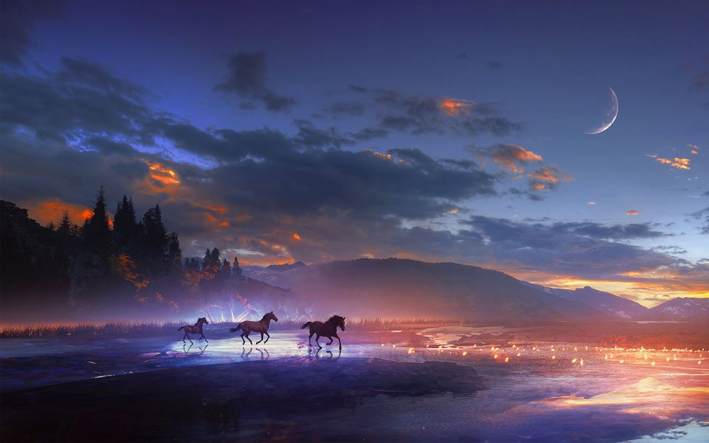 Ночной пейзаж с лошадьми