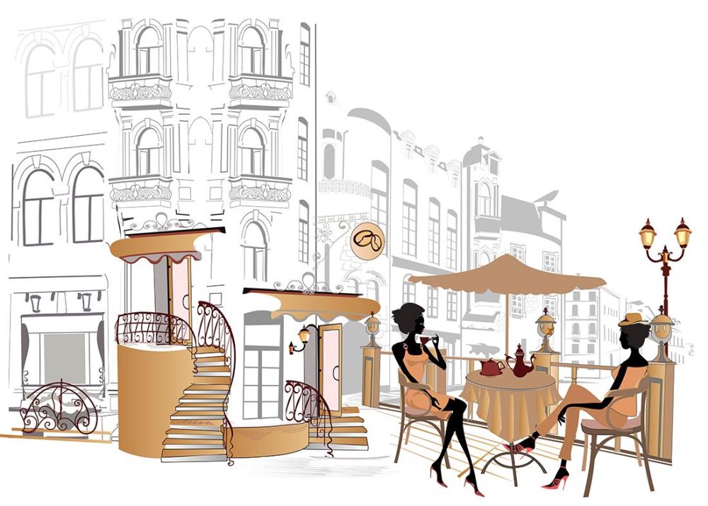 Уличные кафе - Стоковая иллюстрация