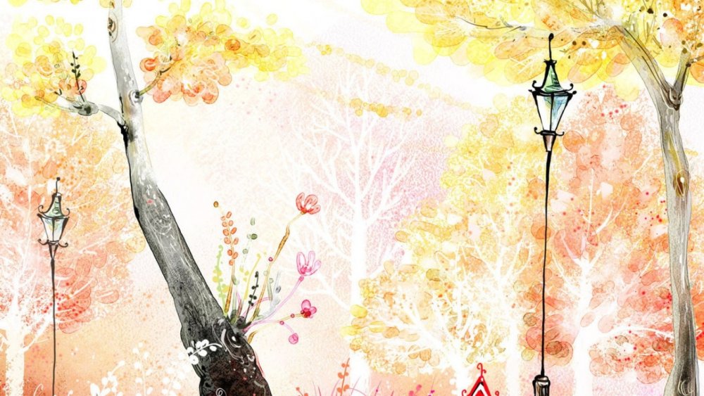 Сквер с лавочками деревьями и фонарями