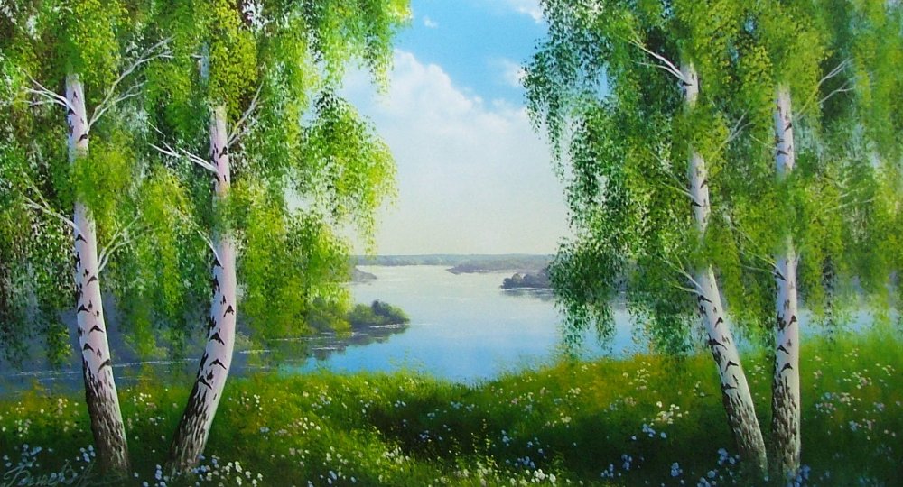Пейзаж с березами и ленточками