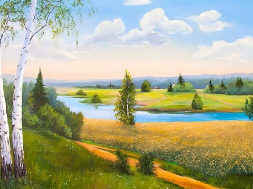 Пейзаж с березкой живопись