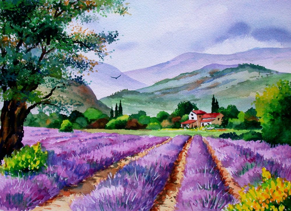 Летний пейзаж акварелью