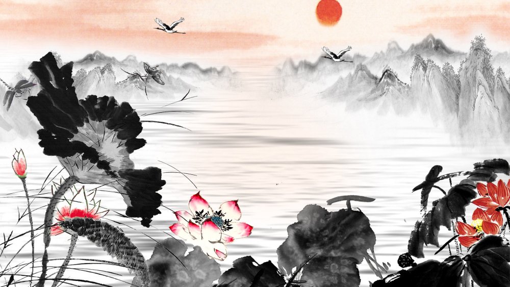 Японская традиционная Суми-э живопись. Гора Фудзи, Сакура