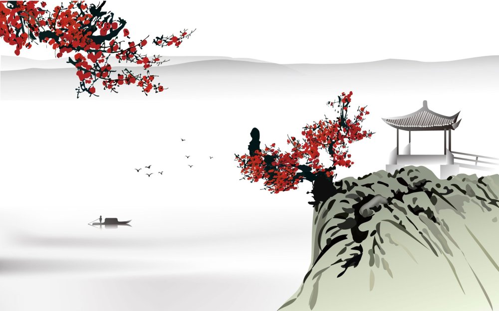 Пейзаж в японском стиле на белом фоне